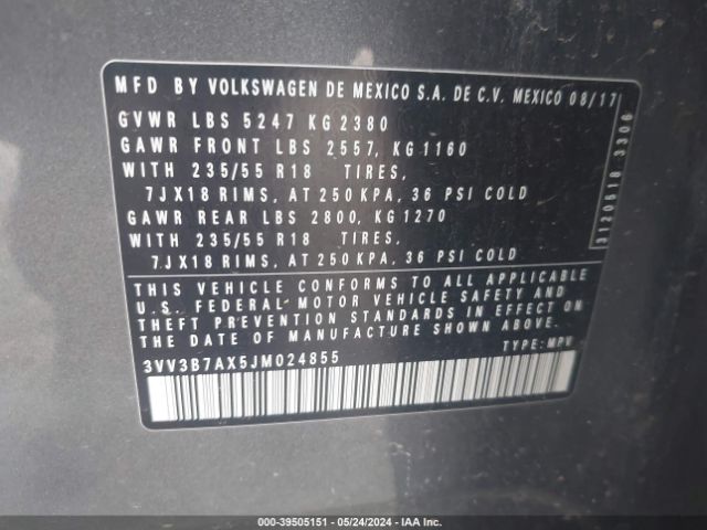 3VV3B7AX5JM024855 Volkswagen Tiguan 2.0t Se/2.0t Sel