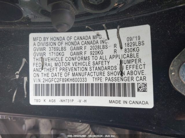 2HGFC2F89KH600333 Honda Civic Sport