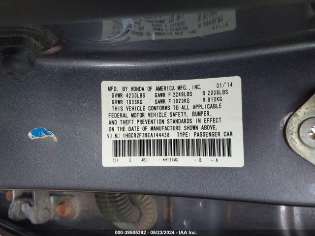 Honda ACCORD LX 2014 1HGCR2F39EA144438 Image 9