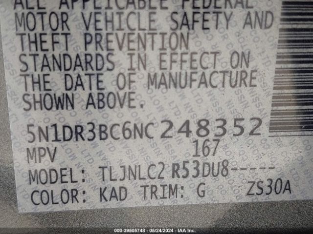 5N1DR3BC6NC248352 Nissan Pathfinder Sv 4wd