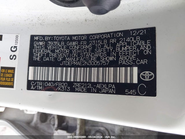 Toyota COROLLA LE 2022 JTDEPMAE2N3005757 Image 9