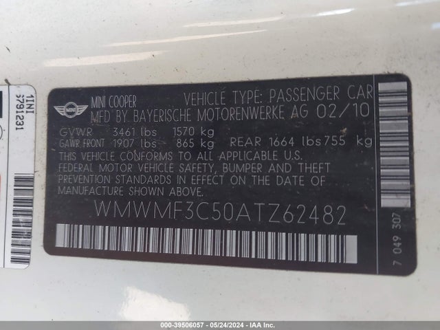 2010 MINI COOPER WMWMF3C50ATZ62482 Photo 8