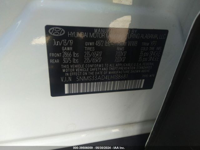 5NMS33AD4LH138681 Hyundai Santa Fe Sel
