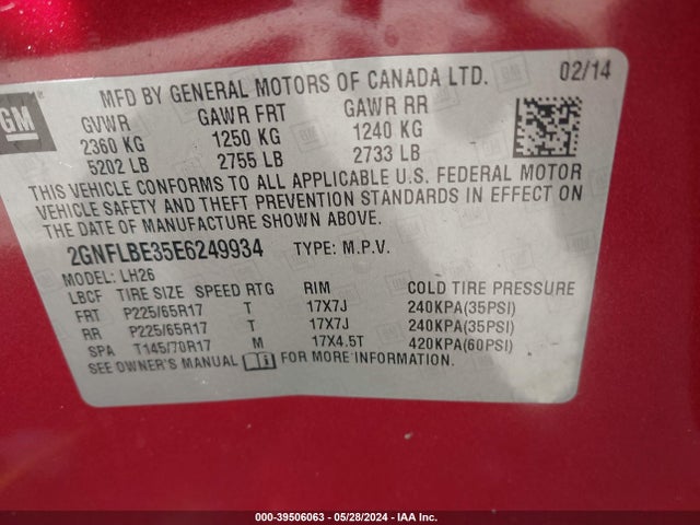 Chevrolet EQUINOX 1LT 2014 2GNFLBE35E6249934 Image 9
