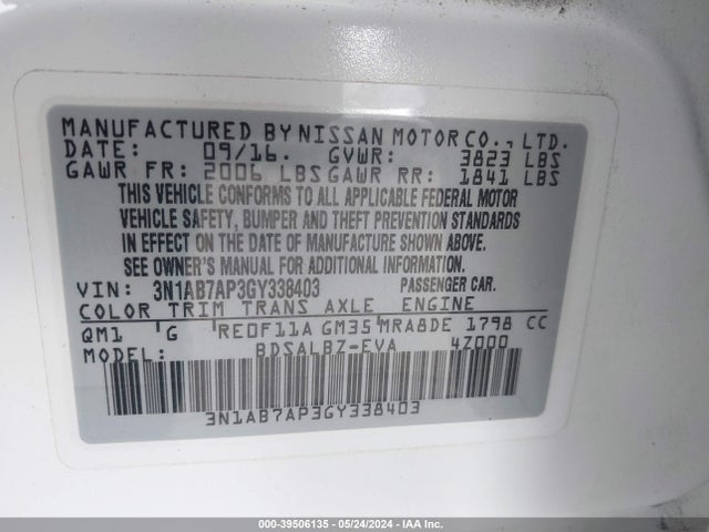 Nissan SENTRA S 2016 3N1AB7AP3GY338403 Image 9