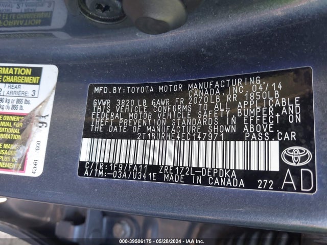 Toyota COROLLA L 2014 2T1BURHE4EC147971 Image 9