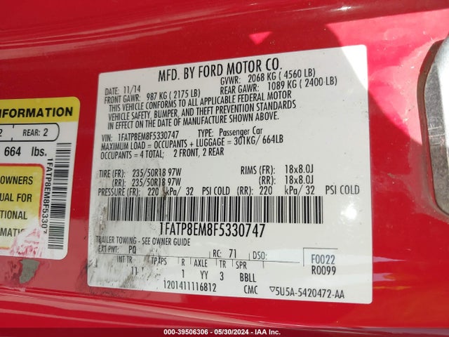 Ford Mustang V6 2015 1FATP8EM8F5330747 Image 9