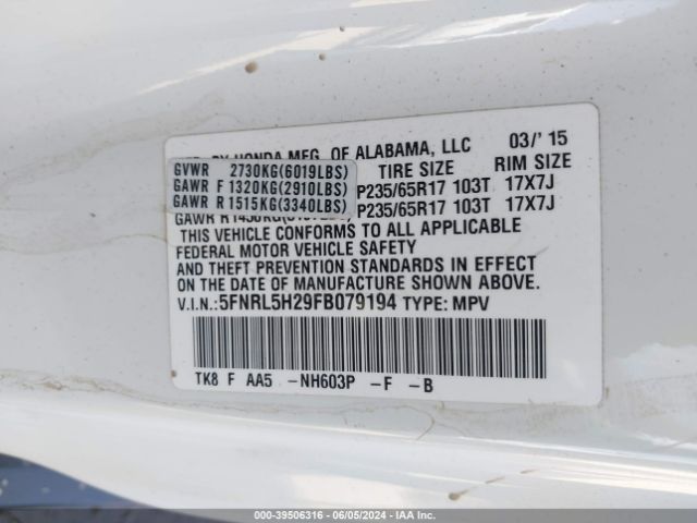 5FNRL5H29FB079194 Honda ODYSSEY LX
