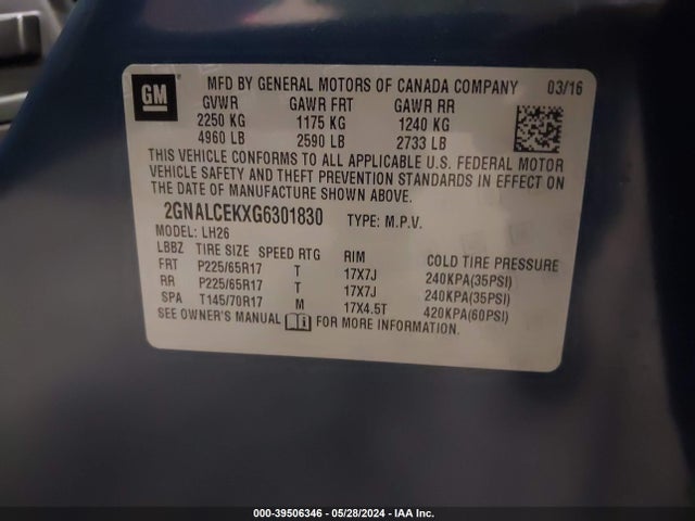 Chevrolet EQUINOX LT 2016 2GNALCEKXG6301830 Image 9