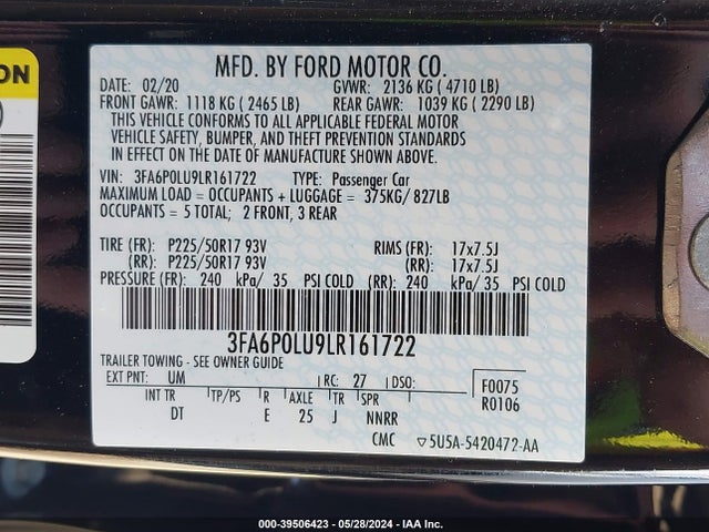 Ford Fusion Hybrid Se 2020 3FA6P0LU9LR161722 Image 9