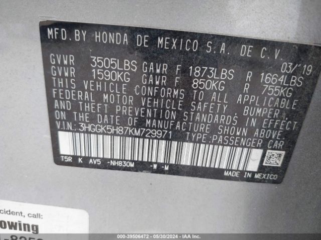 3HGGK5H87KM729971 Honda FIT EX