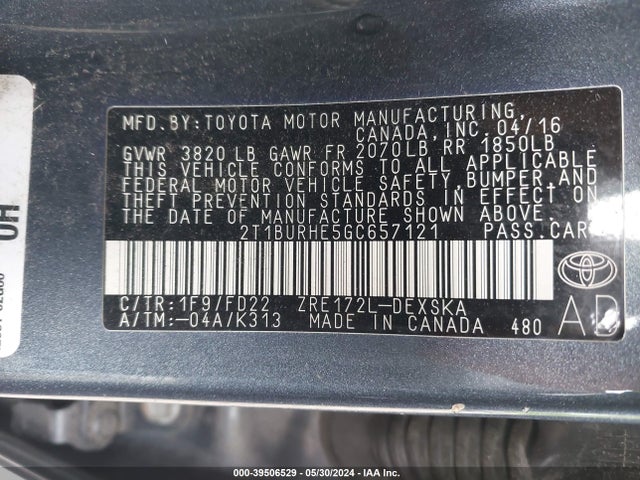 Toyota Corolla S Plus 2016 2T1BURHE5GC657121 Image 9