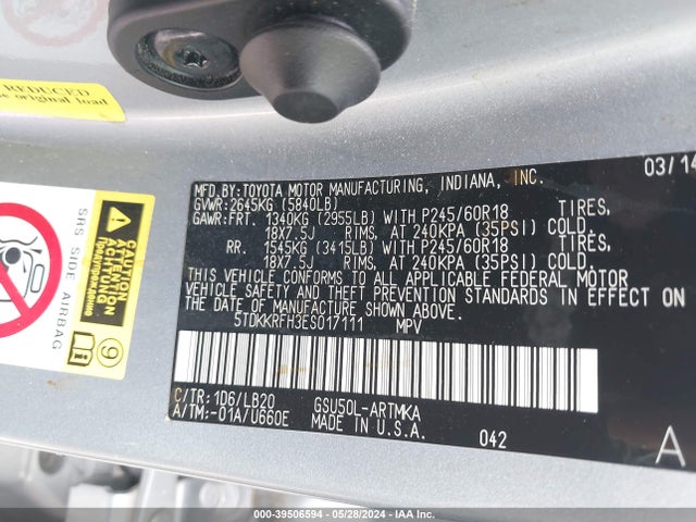 Toyota Highlander Xle V6 2014 5TDKKRFH3ES017111 Image 9