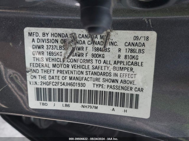 Honda Civic Lx 2018 2HGFC2F54JH601930 Image 9