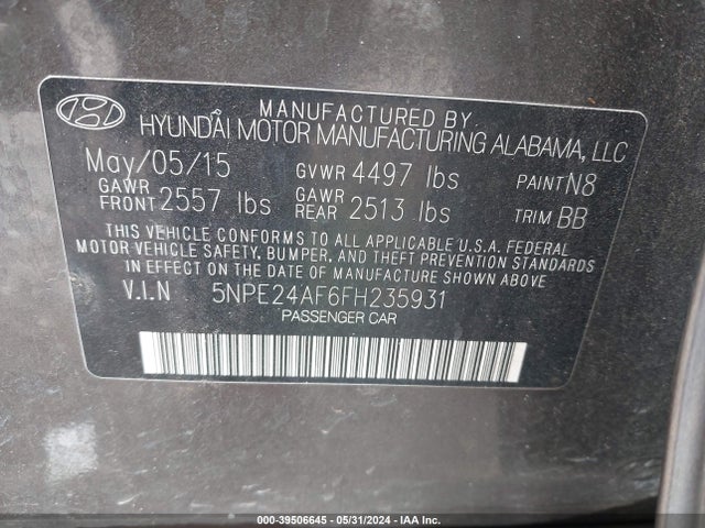 Hyundai SONATA SE 2015 5NPE24AF6FH235931 Image 9