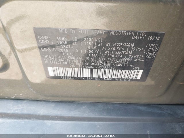 Subaru Outback 2.5i Limited 2017 4S4BSANCXH3292242 Image 9