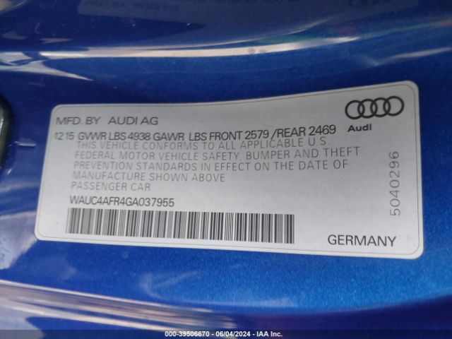 WAUC4AFR4GA037955 Audi S5 3.0t Premium Plus