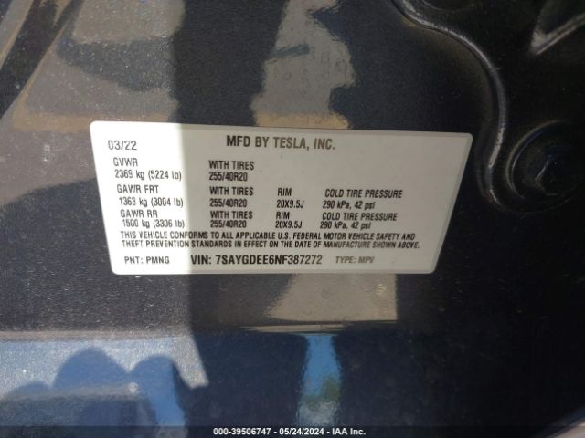 7SAYGDEE6NF387272 Tesla Model Y Long Range Dual Motor All-wheel Drive
