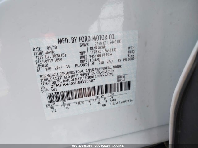 Ford EDGE SEL 2020 2FMPK4J92LBB15307 Image 9
