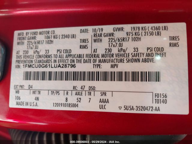 1FMCU0G61LUA28796 Ford ESCAPE SE
