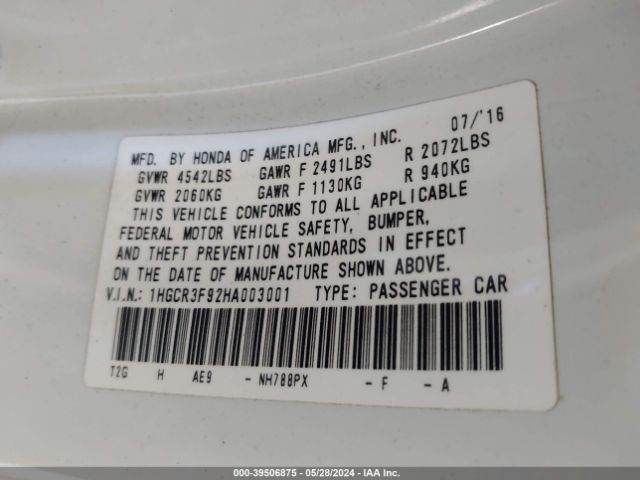 1HGCR3F92HA003001 Honda Accord Touring V6