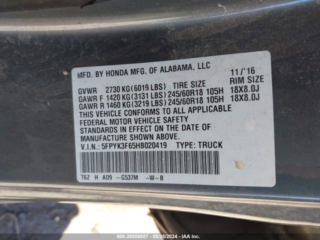 Honda Ridgeline Rtl-t 2017 5FPYK3F65HB020419 Image 9