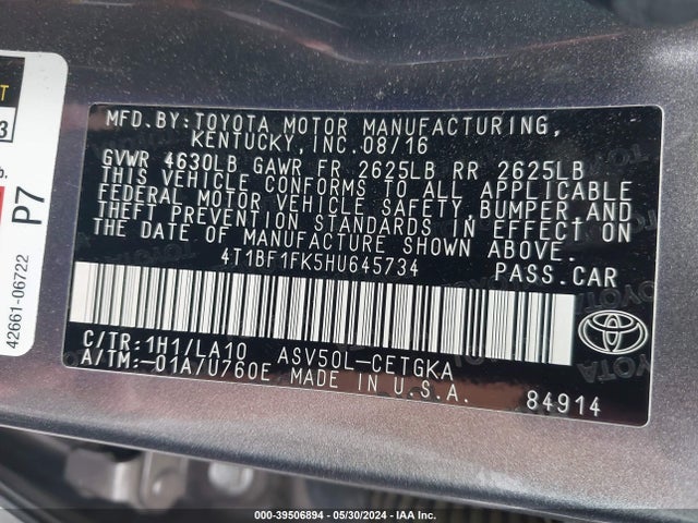 Toyota CAMRY XLE 2017 4T1BF1FK5HU645734 Image 9