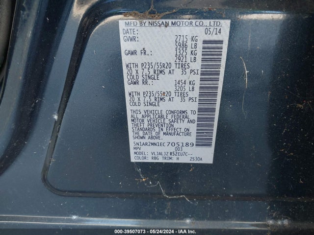 Nissan Pathfinder Platinum 2014 5N1AR2MN1EC705189 Image 9