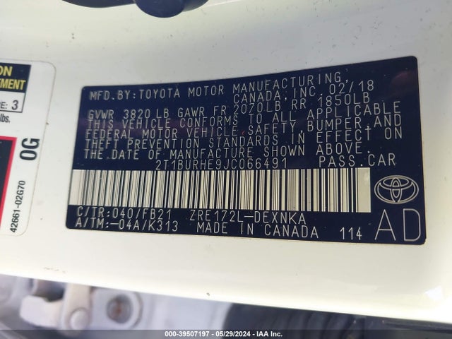Toyota COROLLA LE 2018 2T1BURHE9JC066491 Image 9