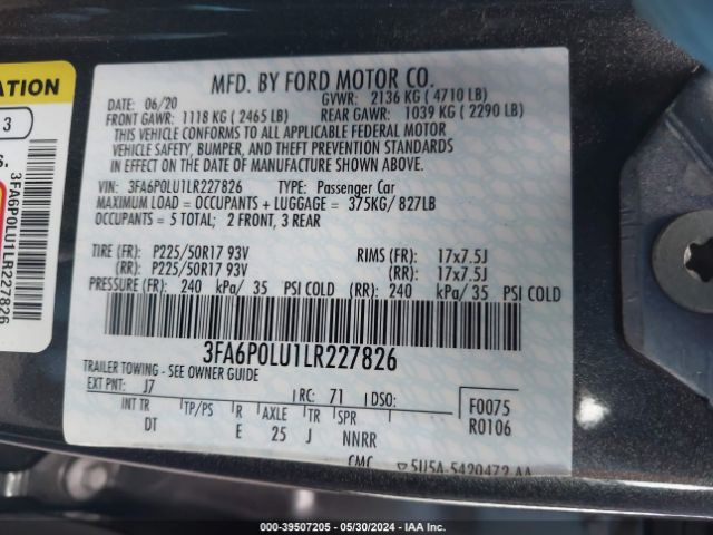 3FA6P0LU1LR227826 Ford Fusion Hybrid Se