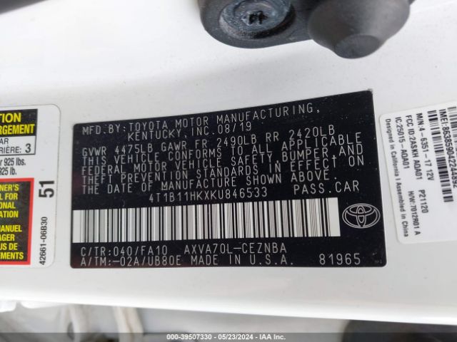 4T1B11HKXKU846533 Toyota CAMRY LE