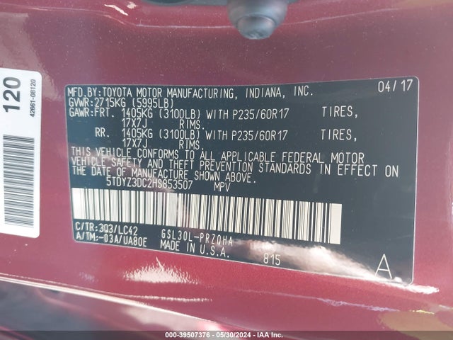 Toyota Sienna Xle 8 Passenger 2017 5TDYZ3DC2HS853507 Image 9