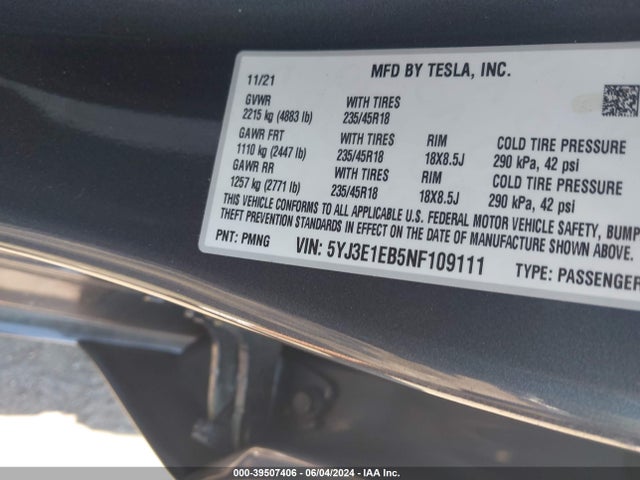 Tesla Model 3 Long Range Dual Motor All-wheel Drive 2022 5YJ3E1EB5NF109111 Image 9