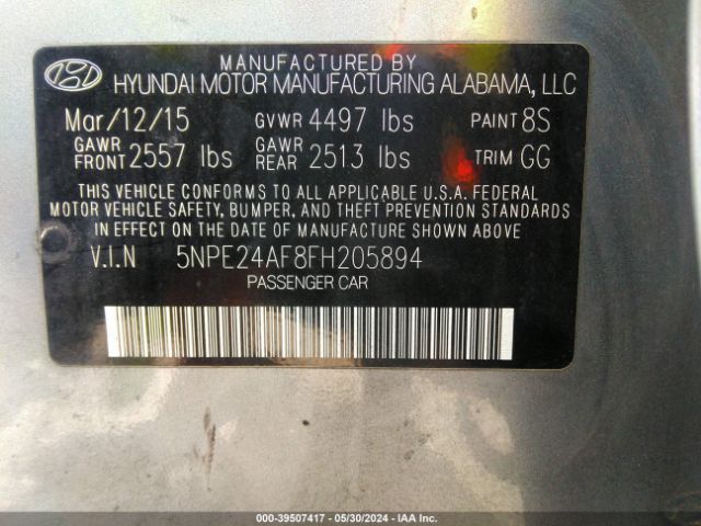 5NPE24AF8FH205894 Hyundai SONATA SE