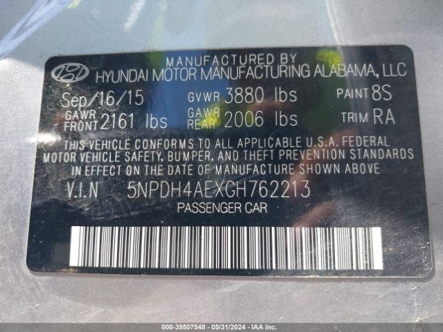 5NPDH4AEXGH762213 Hyundai ELANTRA SE