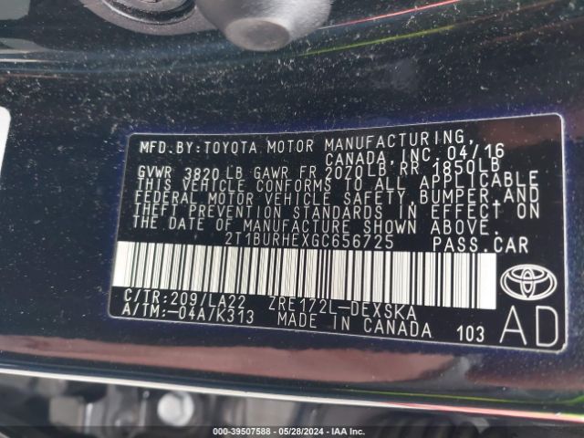 2T1BURHEXGC656725 Toyota Corolla S Premium