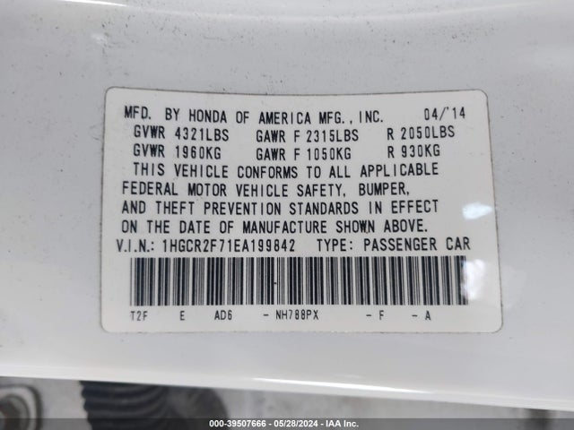 Honda ACCORD EX 2014 1HGCR2F71EA199842 Image 9