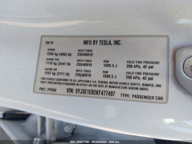 5YJ3E1EB2KF477497 Tesla Model 3 Long Range/performance