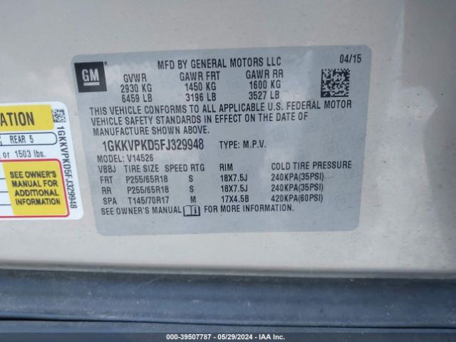 1GKKVPKD5FJ329948 GMC Acadia Sle-2