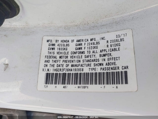 Honda ACCORD LX 2017 1HGCR2F36HA190958 Image 9