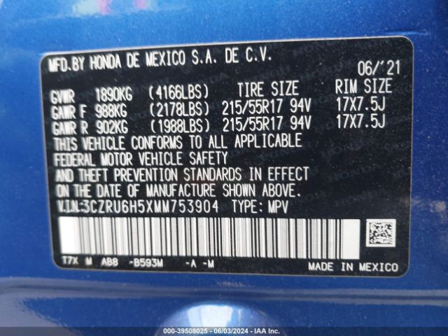 3CZRU6H5XMM753904 Honda Hr-v Awd Ex