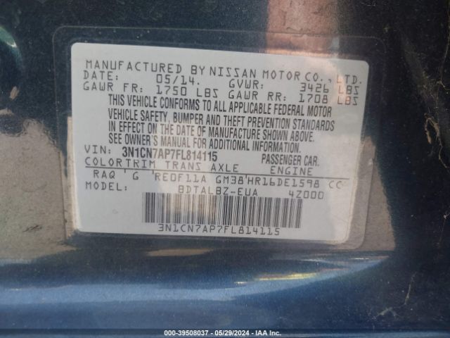 3N1CN7AP7FL814115 Nissan Versa 1.6 S/1.6 S+/1.6 Sl/1.6 Sv