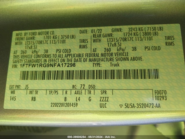 Ford F-150 Raptor 2022 1FTFW1RG9NFA17298 Image 9