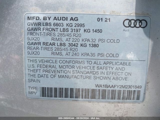 WA1BAAFY2M2301849 Audi Q5 Premium Plus 45 Tfsi Quattro S Tronic