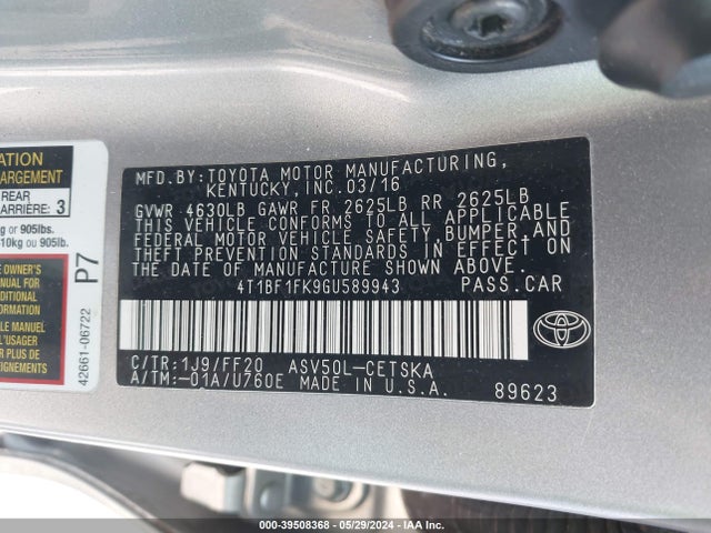 Toyota CAMRY SE 2016 4T1BF1FK9GU589943 Image 9