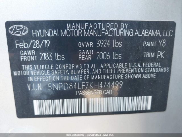 5NPD84LF7KH474499 Hyundai ELANTRA SEL