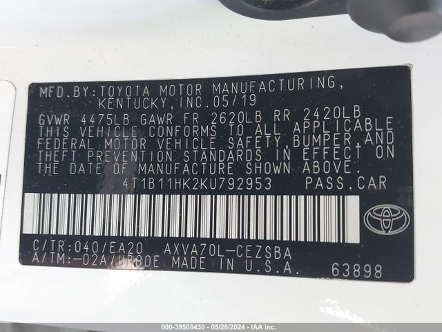 Toyota CAMRY SE 2019 4T1B11HK2KU792953 Image 9