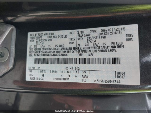 1FMCU0GD5JUD22844 Ford ESCAPE SE