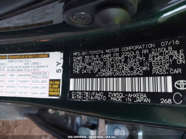Toyota Prius Two 2016 JTDKBRFUXG3022842 Image 9