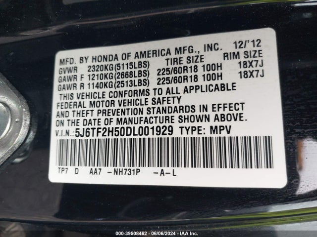 2013 Honda Crosstour Ex-l V6 მანქანა იყიდება აუქციონზე, vin: 5J6TF2H50DL001929, აუქციონის ნომერი: 39508462